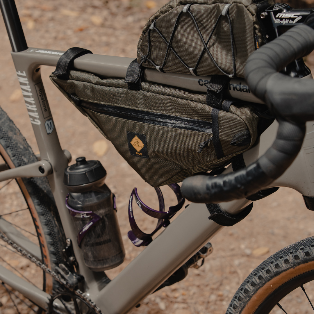 Wedgie on the road bags bikepacking bicycle bags gravel canada usa frame bag cycling outdoor green holder hands free dry Explorer carry Frame 2